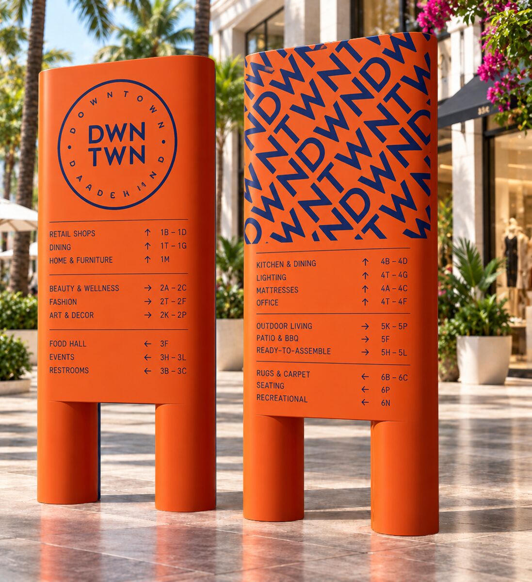 Orange DWNTWN wayfinding totems on a palm-lined shopping promenade