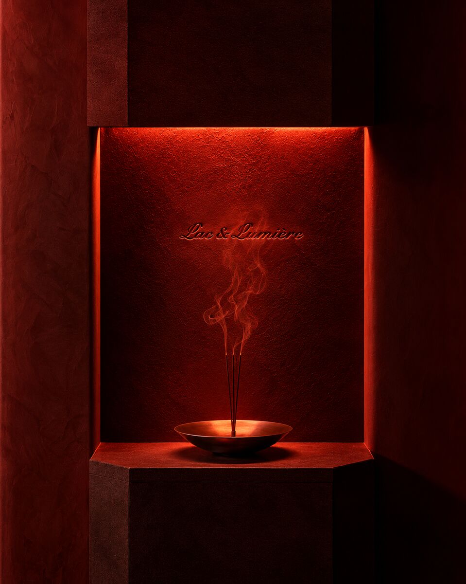 Incense burning in a red-lit Lac & Lumière alcove