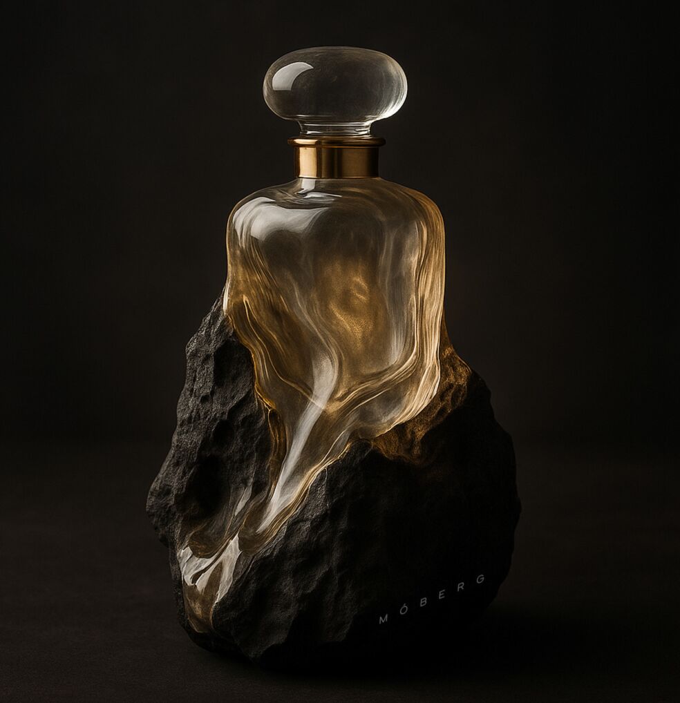 Móberg fragrance bottle set into dark stone