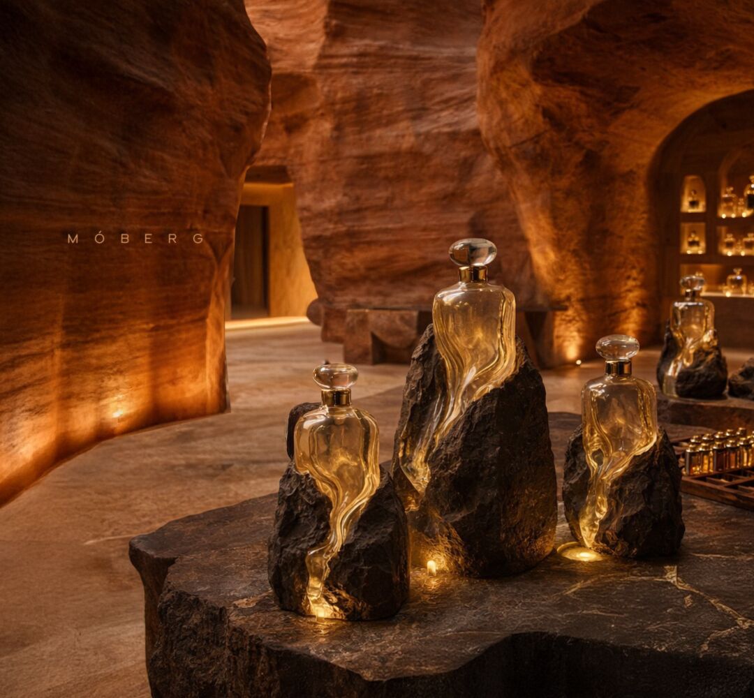 Móberg bottles displayed in a sandstone canyon room